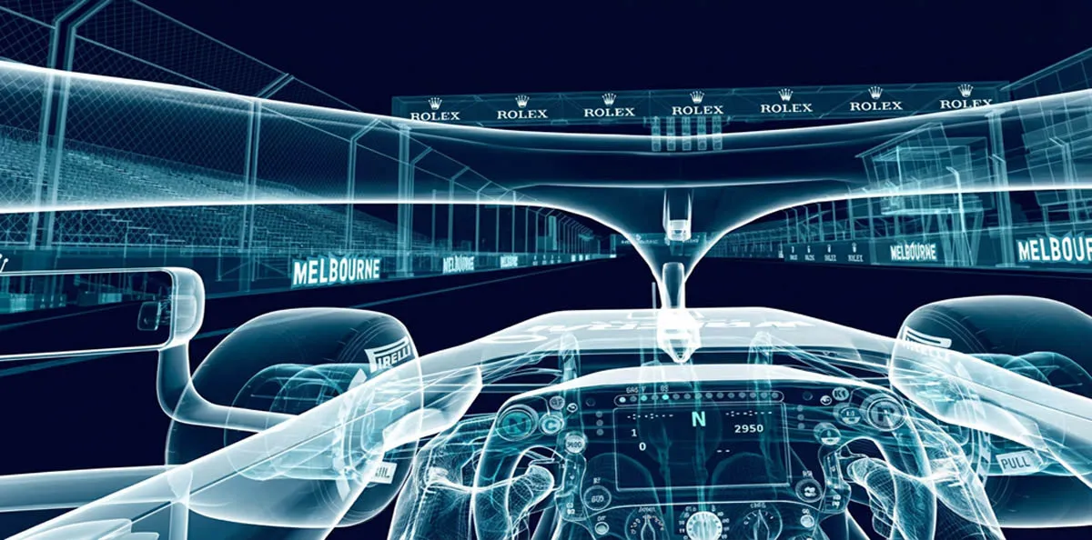 F1 cockpit wireframe view from driver perspective
