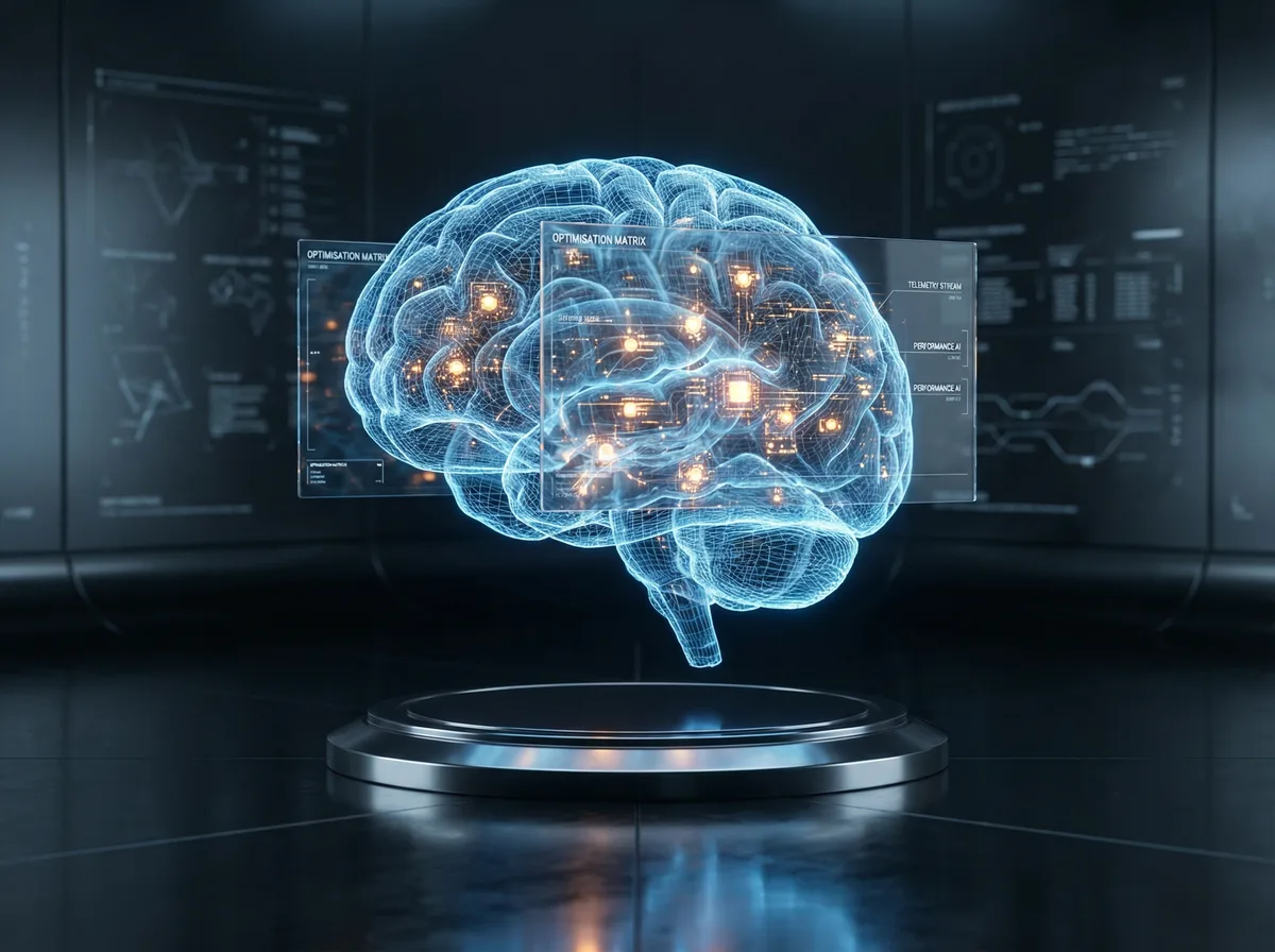 Holographic brain wireframe with cognitive optimization data