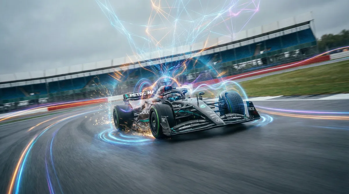 F1 car on track with neural network data visualization